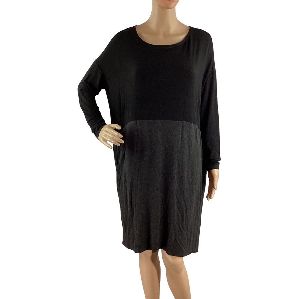 Eileen Fisher Two Tone Black Gray Colorblock Long Sleeve Dress S
